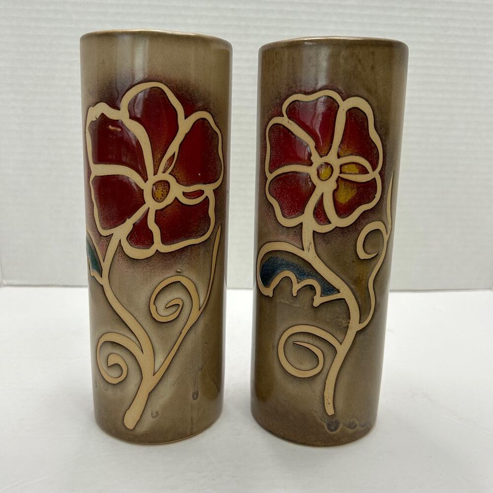 Vintage 1970's Art Pottery Tiki Cylinder Vases Embossed‎ Floral Motif Set of 2